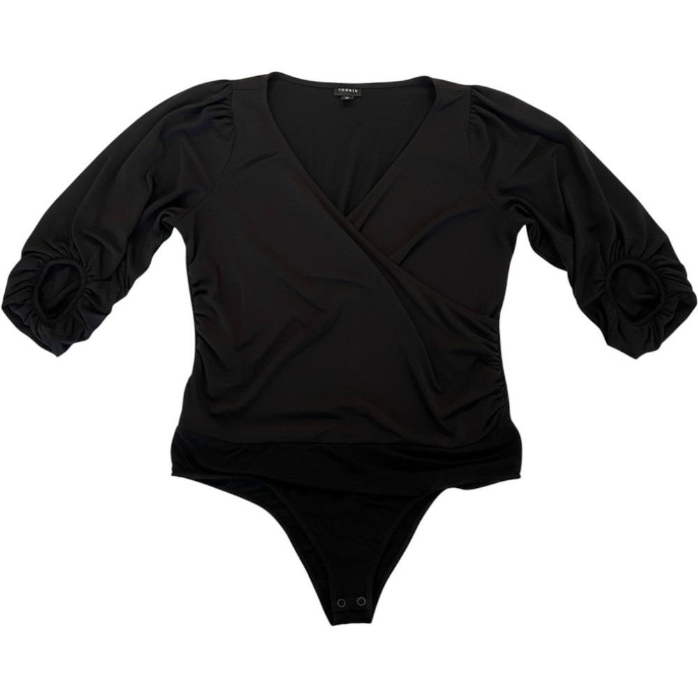 Torrid Womens Black Surplice Ruched Puff Sleeve Bodice Bodysuit Size 00 M L